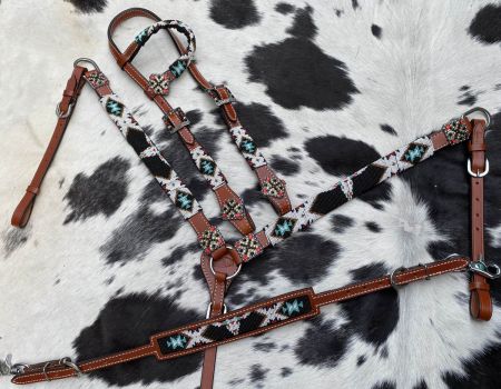 Showman 4 Piece Steer Head Beaded One Ear Headstall and Breastcollar Set #2
